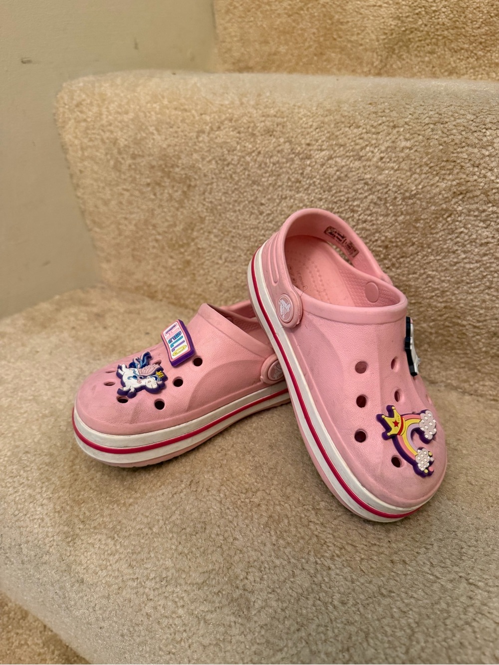 CROCS Pink Kids Clog Sandals with Rainbow Unicorn Charms